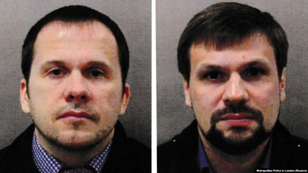 Aleksandr Mishkin (left) and Anatoly Chepiga are suspects in the poisoning of a former Russian military intelligence officer in England and an explosion at a Czech arms depot.