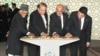 Indian Vice President, Hamid Ansari (L), along with Turkmen President Gurbanguly Berdymukhamedov (R), Afghan President Ashraf Ghani (2R) and Pakistani Prime Minister Nawaz Sharif press the button to launch the construction of TAPI gas pipeline in December 2015.