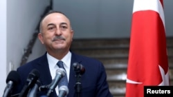 Turkish Foreign Minister Cavusoglu attends a news conference with his Lebanese counterpart in Beirut
