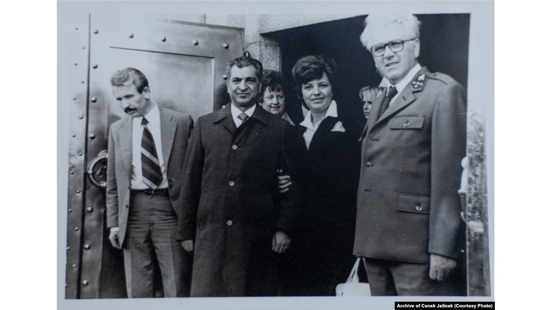 Karmal (second left) with Jiri Jelinek (right), the state forest director for the Kraslice region, near Sindelova in 1978-79.