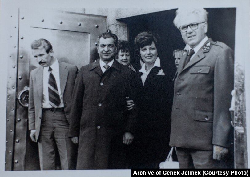 Karmal (second left) with Cenek Jelinek (right), the state forest director for the Kraslice region, near Sindelova in 1978-79.