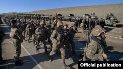 Nagorno-Karabakh - Armenian soldiers march after a military exercise, 20Jan2015.