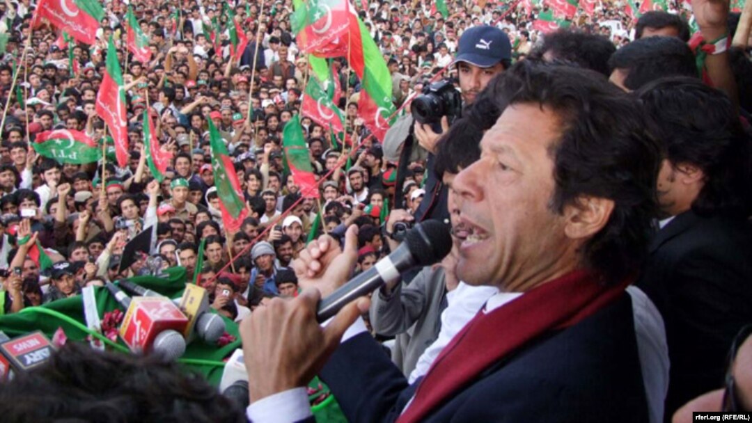 Imran Khan speaks to supporters during a rally in Koita on April 20.