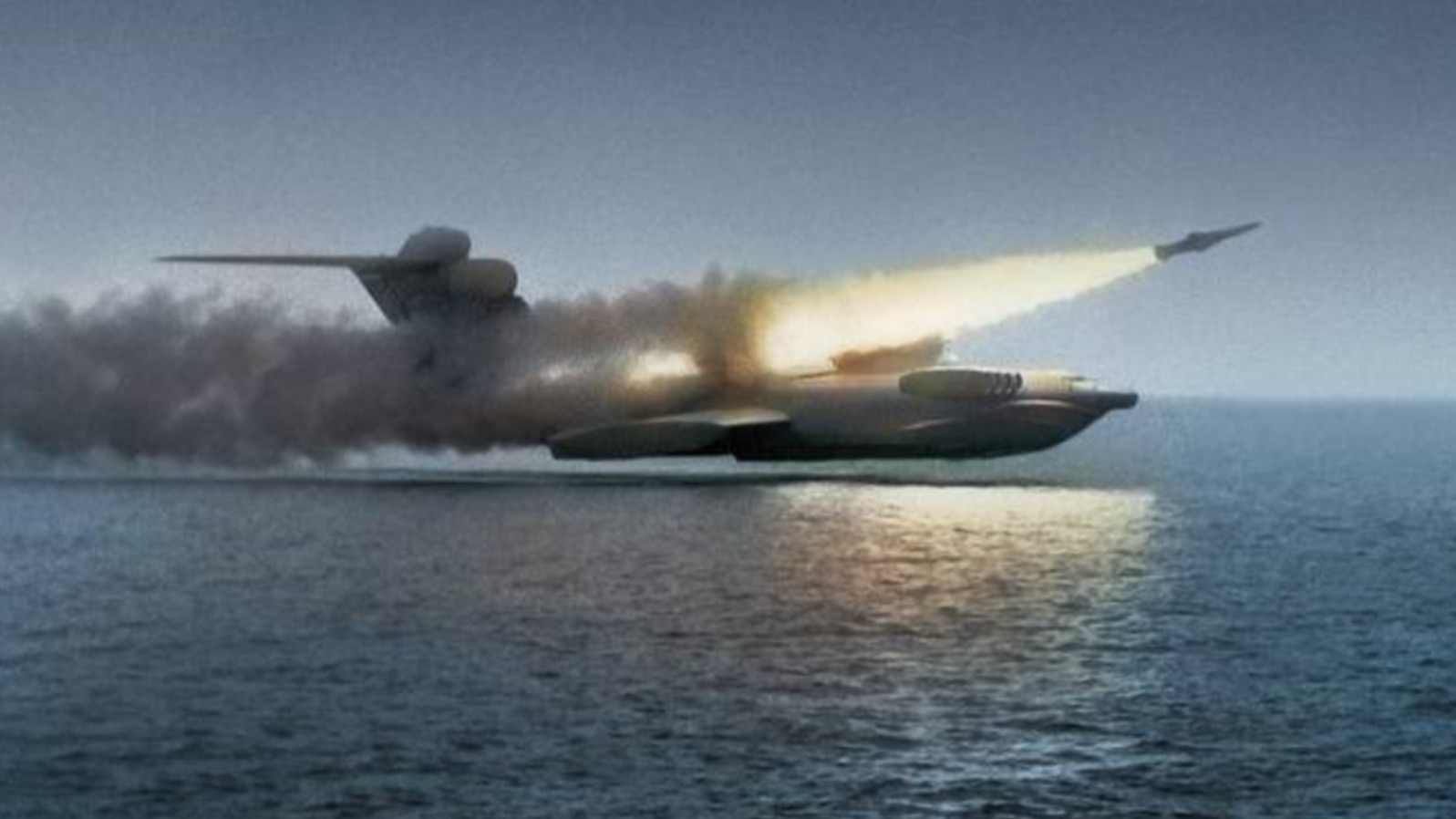 Lun-class ekranoplan during tests on the Caspian Sea in the 1980s.