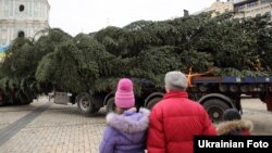 На Софійській площі почали встановлювати головну новорічну ялинку країни. Київ, 5 грудня 2016 року