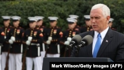 U.S. Vice President Mike Pence speaks at the Marine barracks to commemorate the anniversary of the 1983 bombing of the Marine barracks in Beirut on October 23.