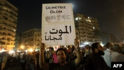 An Egyptian anti-Mubarak protester holds a sign that says in different languages "Death, free of charge" during a demonstration in Cairo's Tahrir Square on June 2.