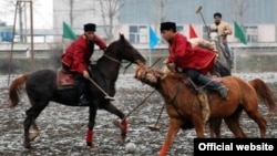 An Azerbaijani Culture Ministry photo of players participating in the polo-like game "chovqan," known as "chogan" in some cultures