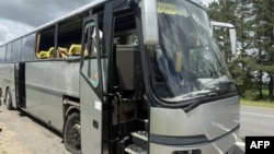 A picture posted by Yegor Kovalchuk, the acting governor of Bryansk, purportedly shows the aftermath of a drone strike on a bus at a highway in the Russian border egion.