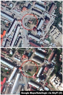 The Church of St. Jacob in the north of Khankendi seen in late 2025 (top) and the same site on April 26.