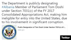 The U.S. State Department announcing the entry ban on Albanian lawmaker Tom Doshi in an April 16 tweet.