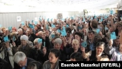 На конференции незарегистрированной оппозиционной партии «Алга» по инициированию референдума с требованием отставки президента Казахстана (партия была запрещена судом в 2012 году). Алматы, 25 сентября 2010 года.