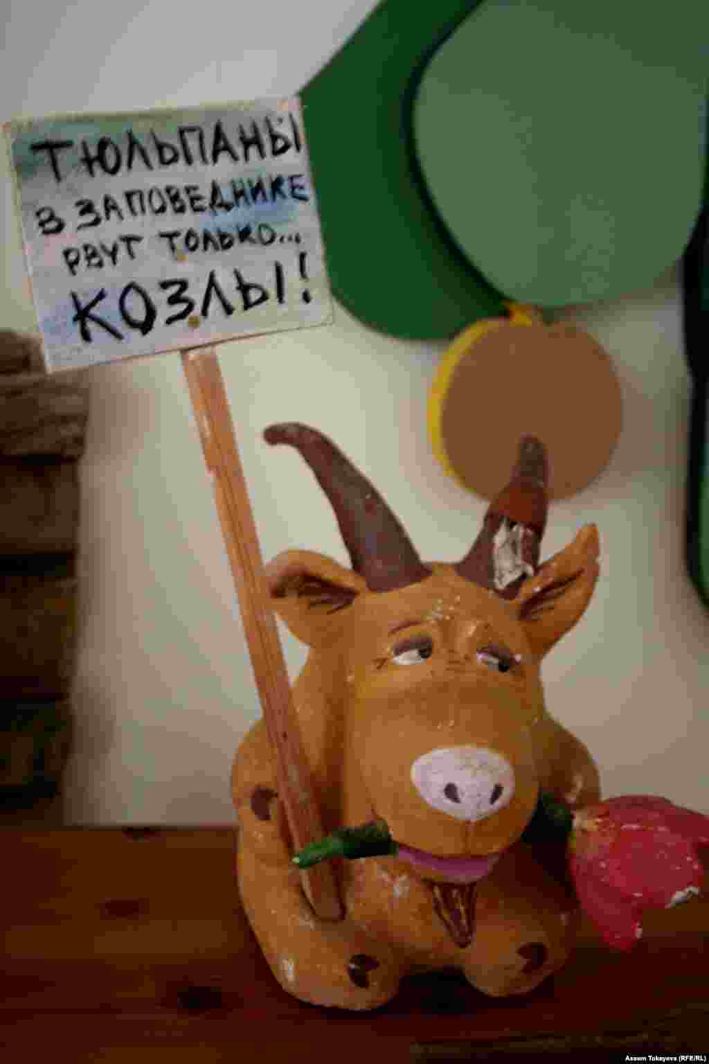 Игрушка с шутливой надписью в визит-центре заповедника Аксу-Жабаглы.