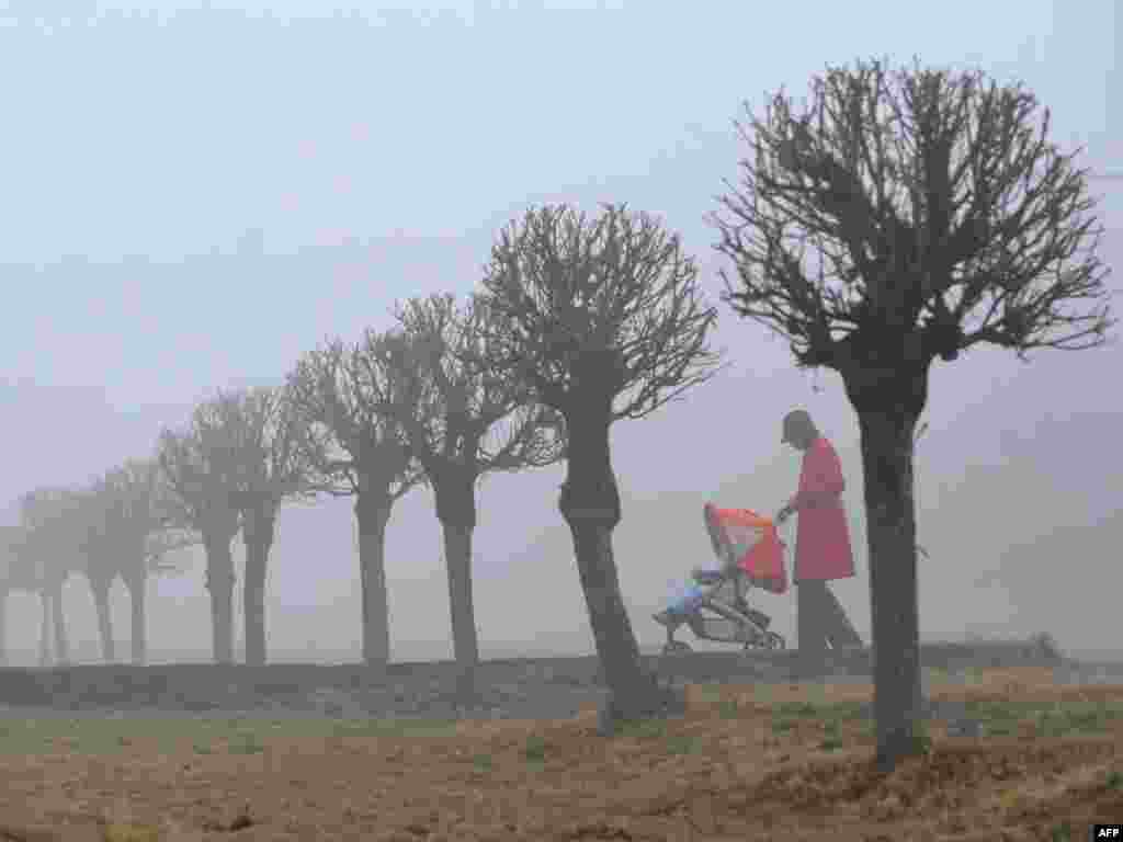 A woman pushes a baby carriage through the morning mist in Bishkek, early on February 4. Mist covered the Kyrgyz capital while temperatures reached 3 degrees Celsius. Photo by Vyacheslav Oseledko for AFP