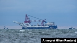 The Russian pipe-laying ship Fortuna is seen in the Mecklenburg Bay ahead of the resumption of Nord Stream 2 gas pipeline construction near Insel Poel on January 14.