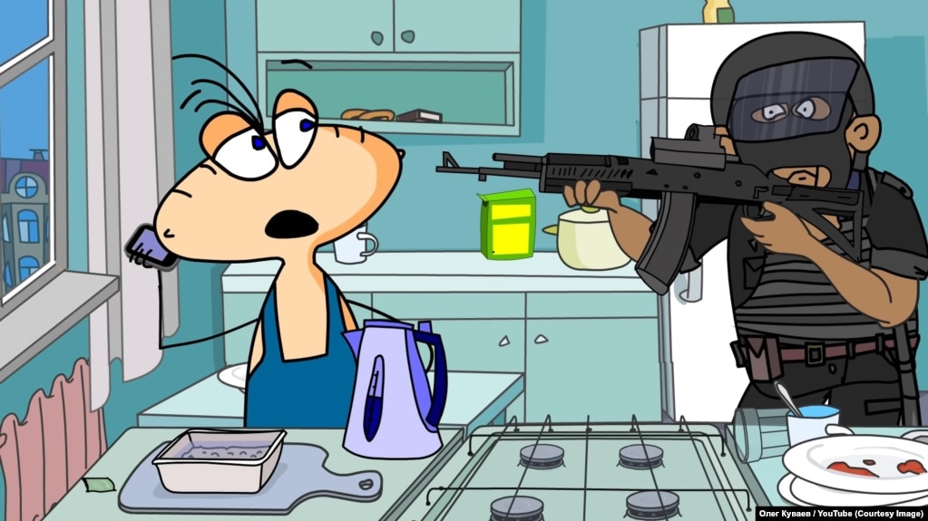 A still shot from the animated series Masyanya, which addressed Russia’s unprovoked full-scale attack against Ukraine in a recent episode.