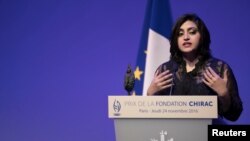 Gulalai Ismail delivers an acceptance speech after being awarded the Prize for Conflict Prevention for the work of her organization promoting women's issues and equality in Pakistan at a ceremony in Paris in November 2016.