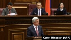 ARMENIA -- Armenia's former president Serzh Sarkisian (C) attends a session of parliament in Yerevan, April 17, 2018