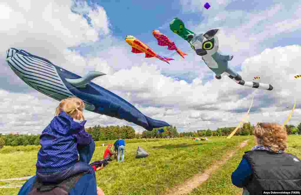 Flying kites during the 2017 Pyostroye Nebo (Colorful Sky) kite festival in Moscow&#39;s Tsaritsyno Park. (TASS/Asya Dobrovolskaya)