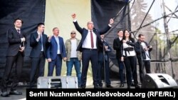 Голова Верховної Ради Андрій Парубій під час виступу на мітингу біля будівлі парламенту. Цього дня депутати ухвалили закон про українську мову. Київ, 25 квітня 2019 року