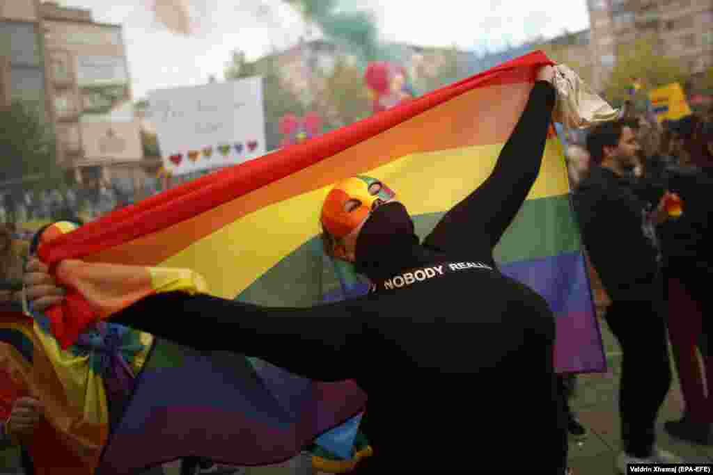 Participants attend Kosovo&#39;s third Pride Parade in Pristina on October 10. (Valdrin Xhema/epa-EFE)