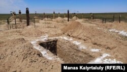 Подготовленное для захоронения место на кладбище под Алматы, отведенном для погребения умерших от коронавируса. 29 мая 2020 года.