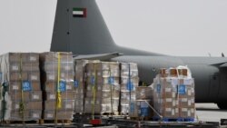 Medical equipment and coronavirus testing kits provided bt the World Health Organisation are pictured as it is prepared to be delivered to Iran with a UAE military transport plane, at the al-Maktum International airport in Dubai, March 2,