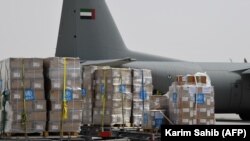 Medical equipment and coronavirus testing kits provided bt the World Health Organisation are pictured as it is prepared to be delivered to Iran with a UAE military transport plane, at the al-Maktum International airport in Dubai, March 2,