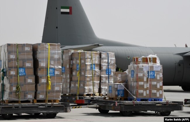 Tons of medical equipment and coronavirus testing kits provided by the World Health Organization being prepared for delivery to Iran with a U.A.E. military transport plane in Dubai in March