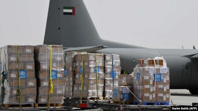 Medical equipment and coronavirus testing kits provided bt the World Health Organisation are pictured as it is prepared to be delivered to Iran with a UAE military transport plane, at the al-Maktum International airport in Dubai, March 2,