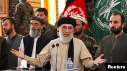 Gulbuddin Hekmatyar speaking to supporters in the eastern city of Jalalabad in April.