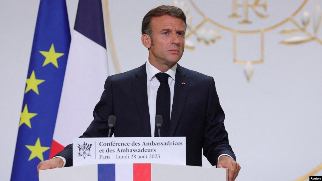 French President Macron gives a speech on France's foreign policy in Paris on August 28.