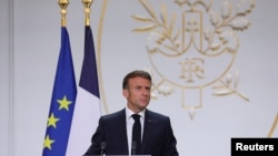 Președintele francez Emmanuel Macron la reuniunea anuală a corpului diplomatic, Palatul Élysée, Paris, Franța, 28 august 2023.