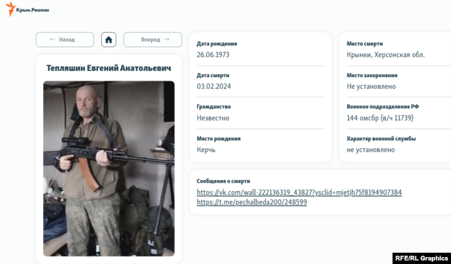 Особова картка загиблого російського військового з Керчі Євгена Тепляшина 1973 року народження