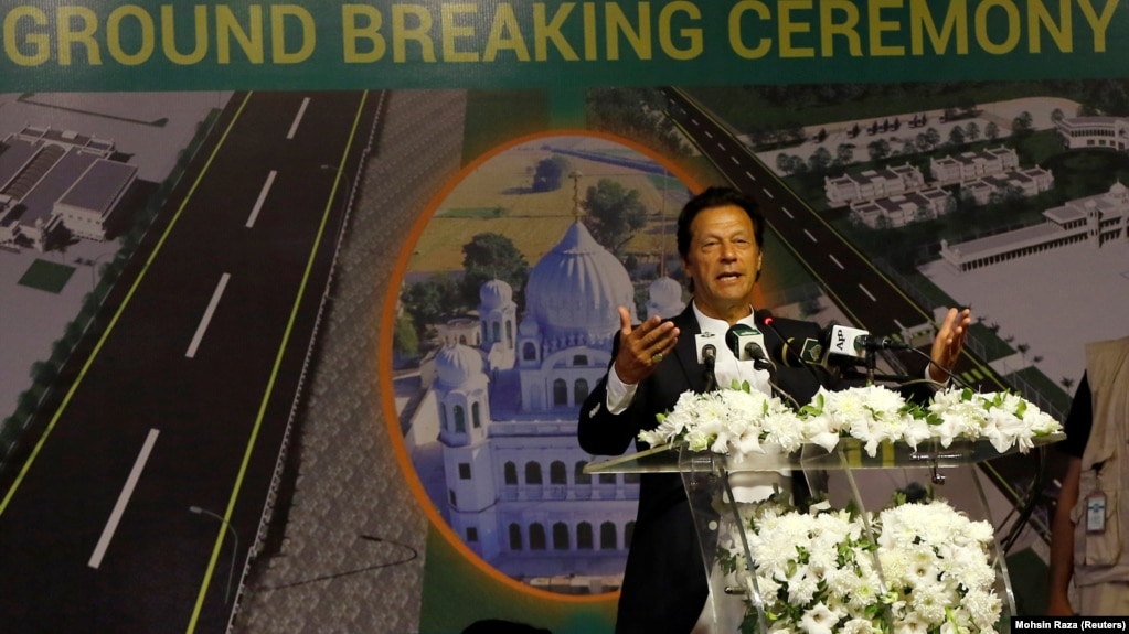 Pakistani Prime Minister Imran Khan speaks during the groundbreaking ceremony of the Kartarpur border corridor, which will officially open next year, on November 28.