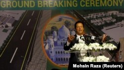 Pakistani Prime Minister Imran Khan speaks during the groundbreaking ceremony of the Kartarpur border corridor, which will officially open next year, on November 28.