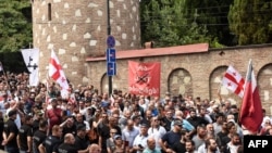 Georgian religious protesters take part in the anti-LGBT rally in central Tbilisi in 2022.