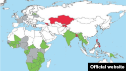 СПИД-тің жайылуы қарқыны туралы БҰҰ жасаған карта. Қызылмен боялған елдерде ауру таралуы 25 пайыздан артық. 2010 жыл. (Көрнекі сурет)