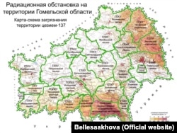 Мапа забруджваньня лясгасаў Гомельскай вобласьці цэзіем-137. Крыніца: «Беллесаахова»