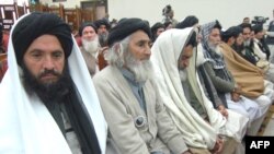 Members of a pro-Taliban delegation attend a meeting with Pakistani government officials in Peshawar on February 16