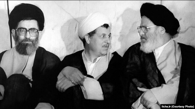 Iran -- Iran's powerful figure in 1980s, President Ali Khamenei (L), Parliament Speaker Akber Hashemi Rafsanjani (C) and Head of Judiciary Mousavi Ardabili, undated.