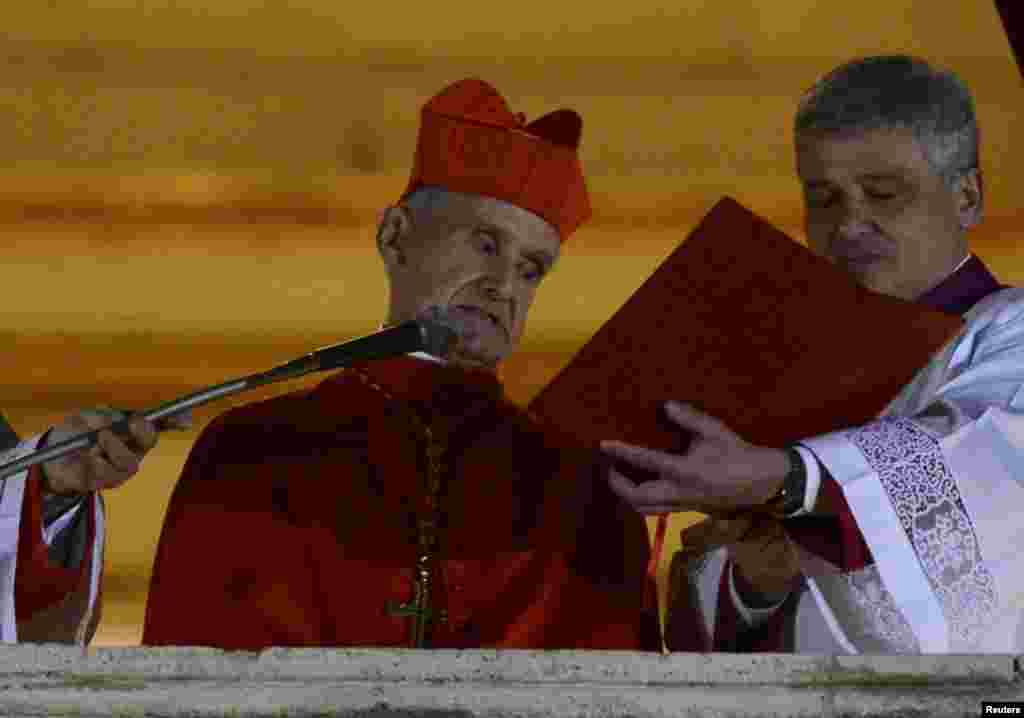 French Cardinal Jean-Louis Tauran announces Cardinal Jorge Mario Bergoglio of Argentina has been elected by the conclave at the Vatican.