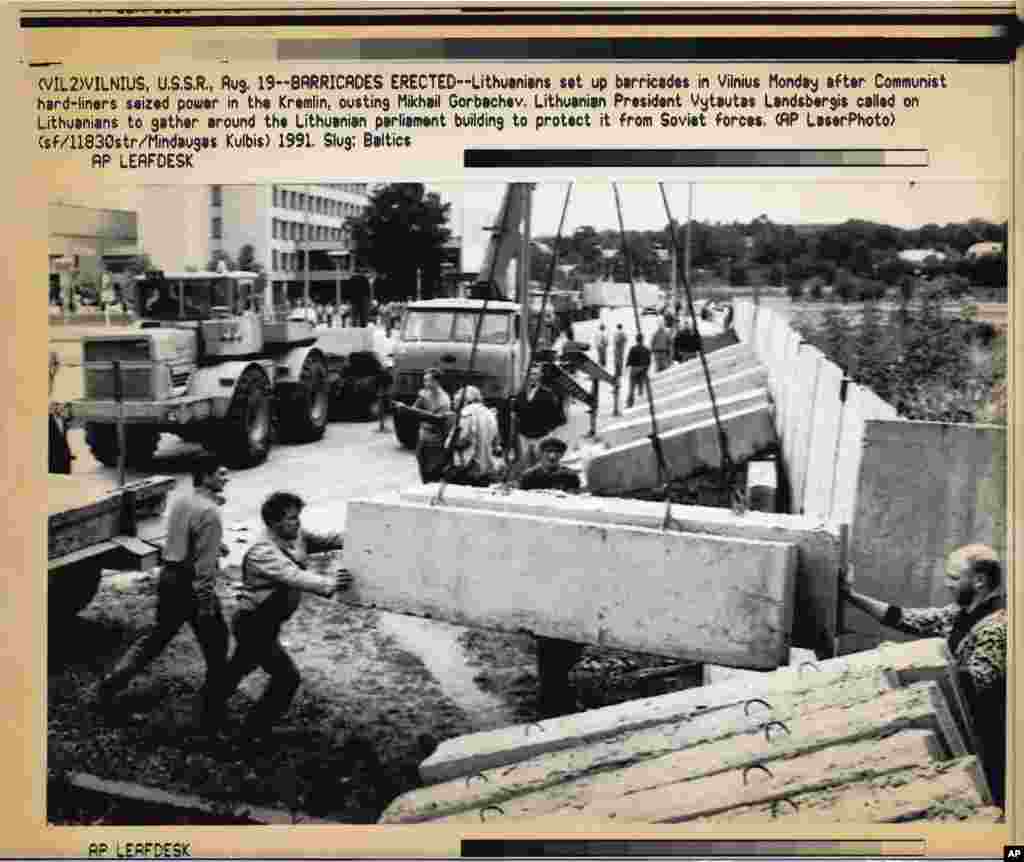 In Lithuania -- which had declared independence from the Soviet Union in March 1990 -- citizens responded to news of the Kremlin coup by erecting concrete barricades to protect the parliament in Vilnius from a Soviet deployment. &nbsp;