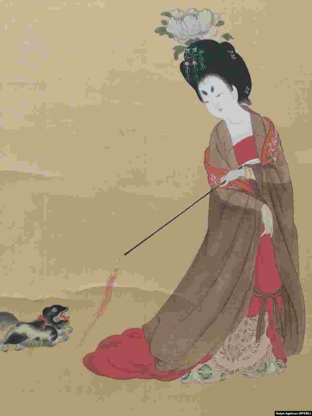 Дама, играющая с собачкой. Свиток, бумага. Китай, 20-й век
