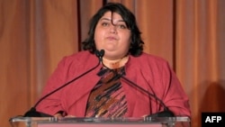 Honoree Khadija Ismayilova speaks at the 2012 Courage in Journalism Awards hosted by the International Women's Media Foundation in Beverly Hills, California, on October 29, 2012.