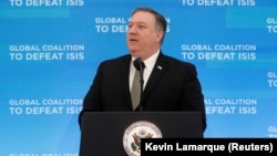 U.S. Secretary of State Mike Pompeo speaks at a gathering of foreign ministers aligned toward the defeat of Islamic State at the State Department in Washington on February 6.