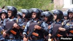 Armenian police troops at a rally to protest alleged voting fraud in the February 2008 presidential election