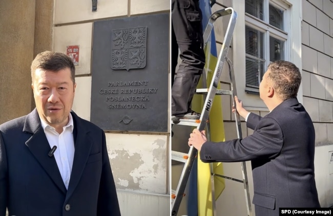 Кадри от видеото, на което Окамура е заснет да помага за свалянето на украинското знаме на 6 ноември.