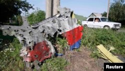A piece of the wreckage is seen at a crash site of the Malaysia Airlines Flight 17 in the village of Petropavlivka (Petropavlovka), in the Donetsk region of eastern Ukraine, on July 24, a week after the crash. 