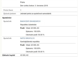 Чехияда рўйхатга олинган ширкатлар реестридан олинган ҳужжат.